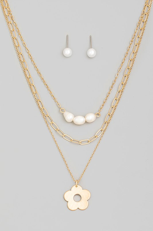 Luxe Pearl and Flower Charms Layered Necklace and Earrings Set