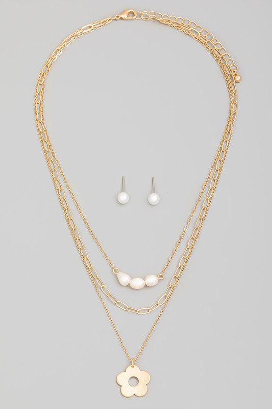 Luxe Pearl and Flower Charms Layered Necklace and Earrings Set