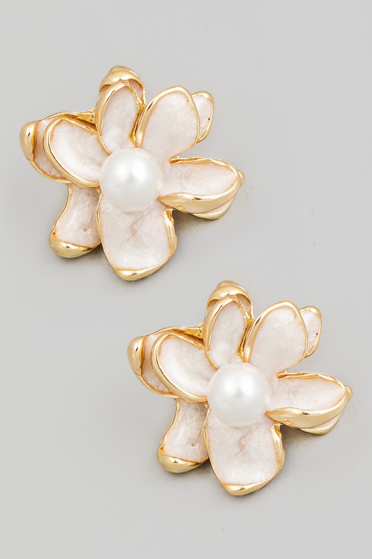 Metallic Flower Pearl Stud Earrings