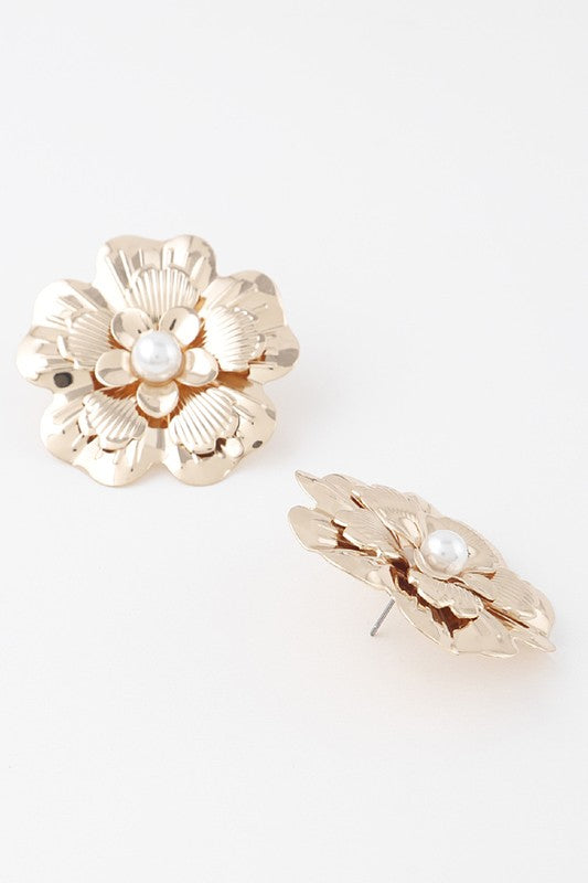 Bold Pearl Flower Gold Stud Earrings