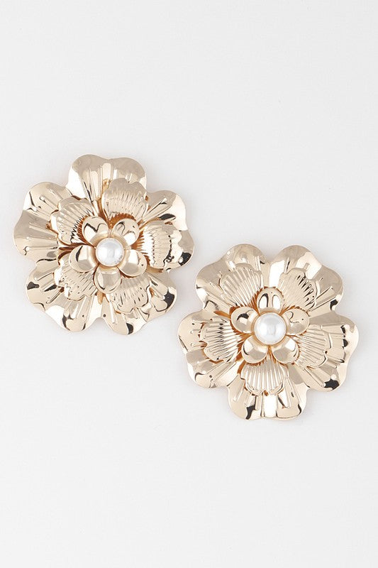 Bold Pearl Flower Gold Stud Earrings