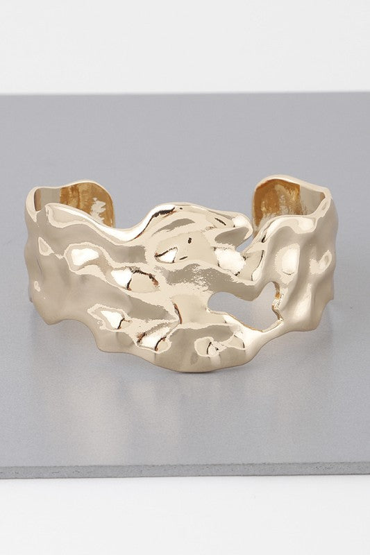 Gold Hammered Abstract Open Cuff Bracelet