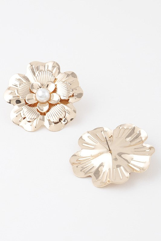 Bold Pearl Flower Gold Stud Earrings