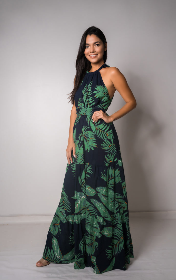 Palm Halter Neck Maxi Dress